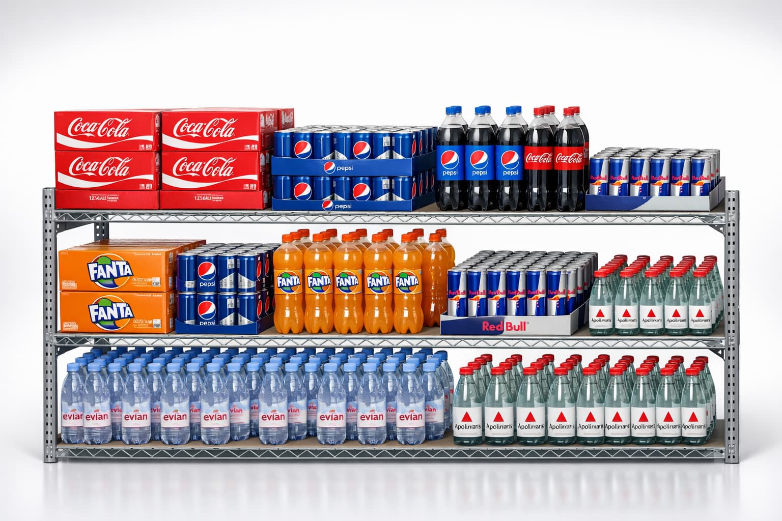 Marken-Getränke Großhandel: Coca-Cola, Pepsi, Red Bull, Evian im Regal