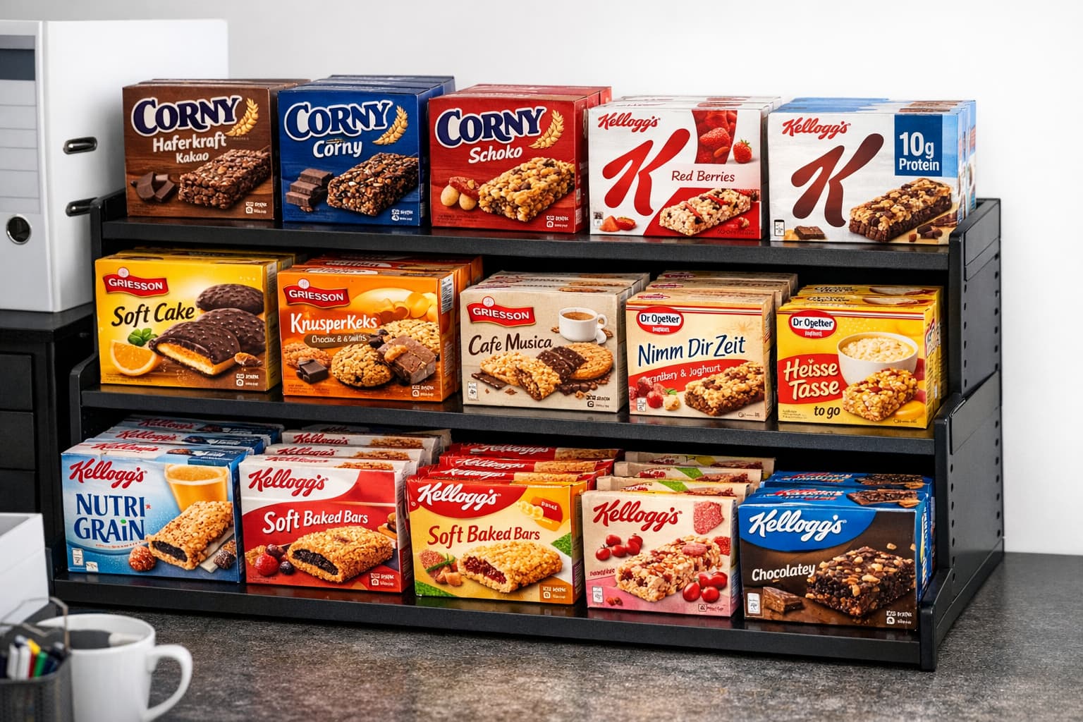 Marken-Frühstück Büroverpflegung: Corny, Kellogg's, Griesson