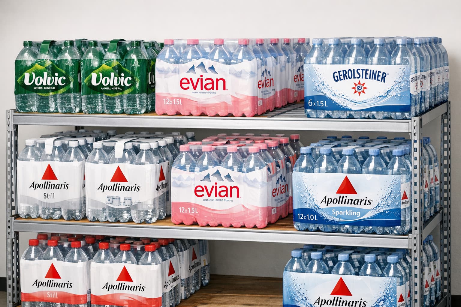 Marken-Wasser Büroverpflegung: Volvic, Evian, Gerolsteiner, Apollinaris