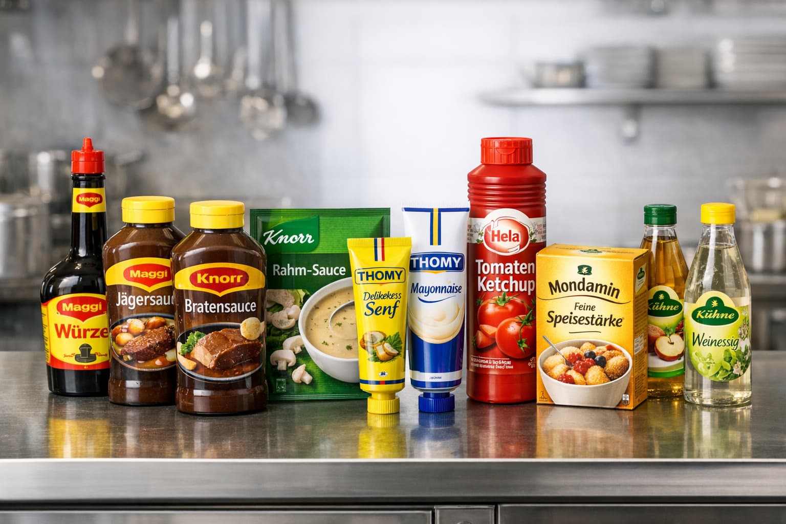 Bekannte Gastronomiemarken: Maggi, Knorr, Thomy, Hela, Mondamin, Kühne