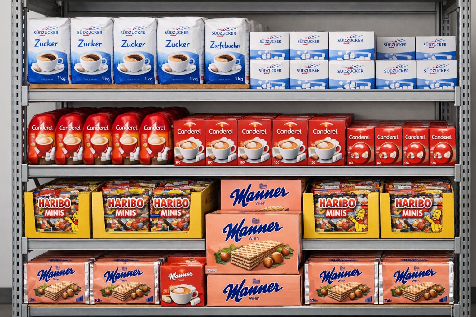 Marken-Zucker und Süßes Büroverpflegung: Südzucker, Canderel, Haribo