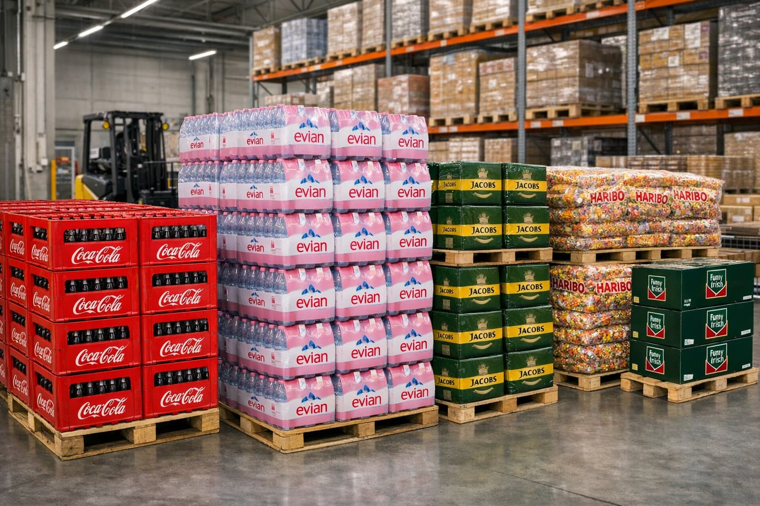 Großpackungen bekannter Marken: Coca-Cola, Evian, Jacobs, Haribo im Lager
