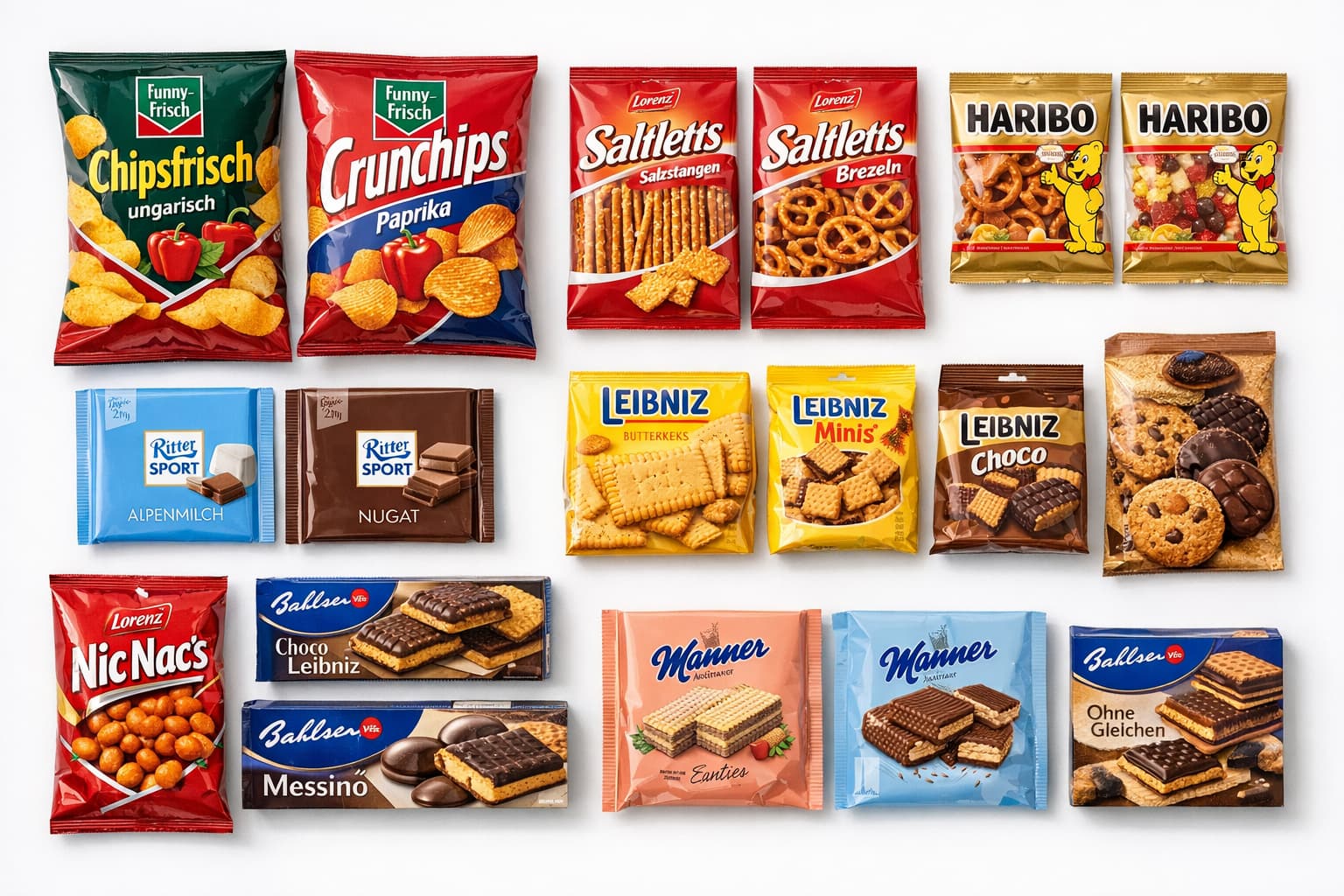 Bekannte deutsche Snackmarken: Funny-frisch, Lorenz, Haribo, Ritter Sport, Leibniz, Manner, Bahlsen