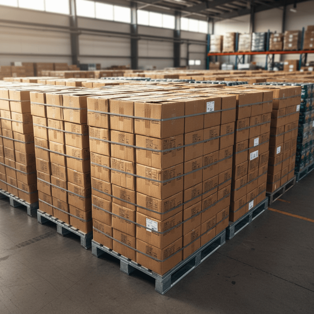 Nahaufnahme von gestapelten Getränkekisten in der Lagerhalle