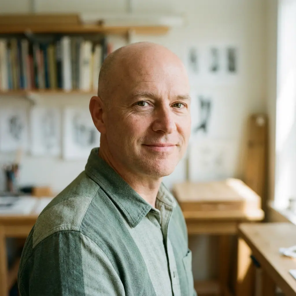 Ein kahlköpfiger Mann im grünen Hemd lächelt in seinem Atelier mit Bücherregalen und Skizzen.