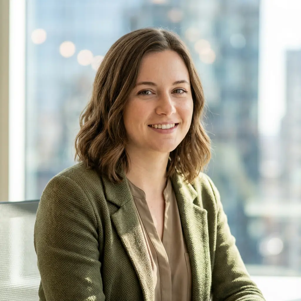 Lächelnde Frau mit schulterlangen braunen Haaren trägt einen grünen Blazer vor einem hellen Bürohintergrund.